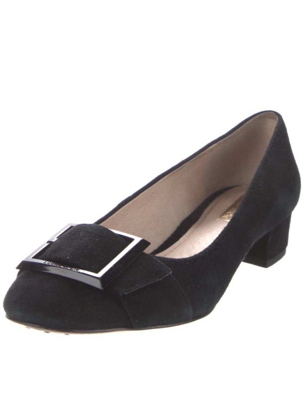 Louise et Cie Black Suede Low Block Heel Pump with Square Buckle